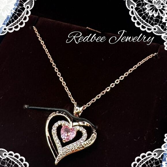 NIB Redbee 18kt GP, Rose gold over s925, Pink CZ in heart necklace! - Picture 1 of 13